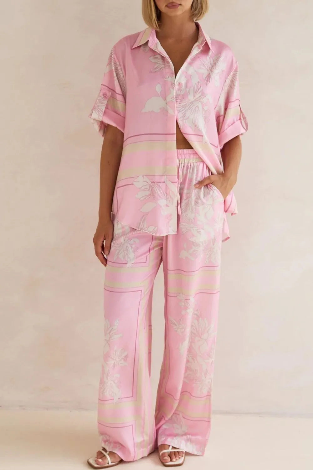 Coastal Bloom pink floral lounge set for women – soft two-piece pajama outfit with button-up top and wide-leg pants, perfect for spring and summer loungewear or resort wear