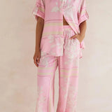 Coastal Bloom pink floral lounge set for women – soft two-piece pajama outfit with button-up top and wide-leg pants, perfect for spring and summer loungewear or resort wear