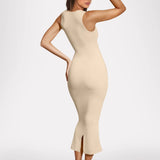 Women's beige nude square-neck bodycon midi dress with smooth ribbed fabric and subtle flared hem.