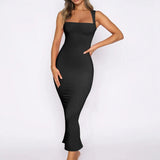 Women's black fitted rib-knit midi dress featuring square neckline, wide shoulder straps, and curve-hugging silhouette.