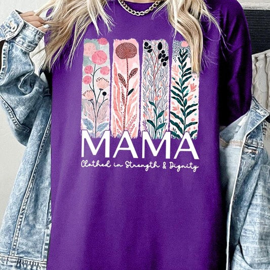 Purple T-shirt with pastel pink and teal floral panel design and bold ‘MAMA’ graphic reading ‘Clothed in Strength & Dignity.