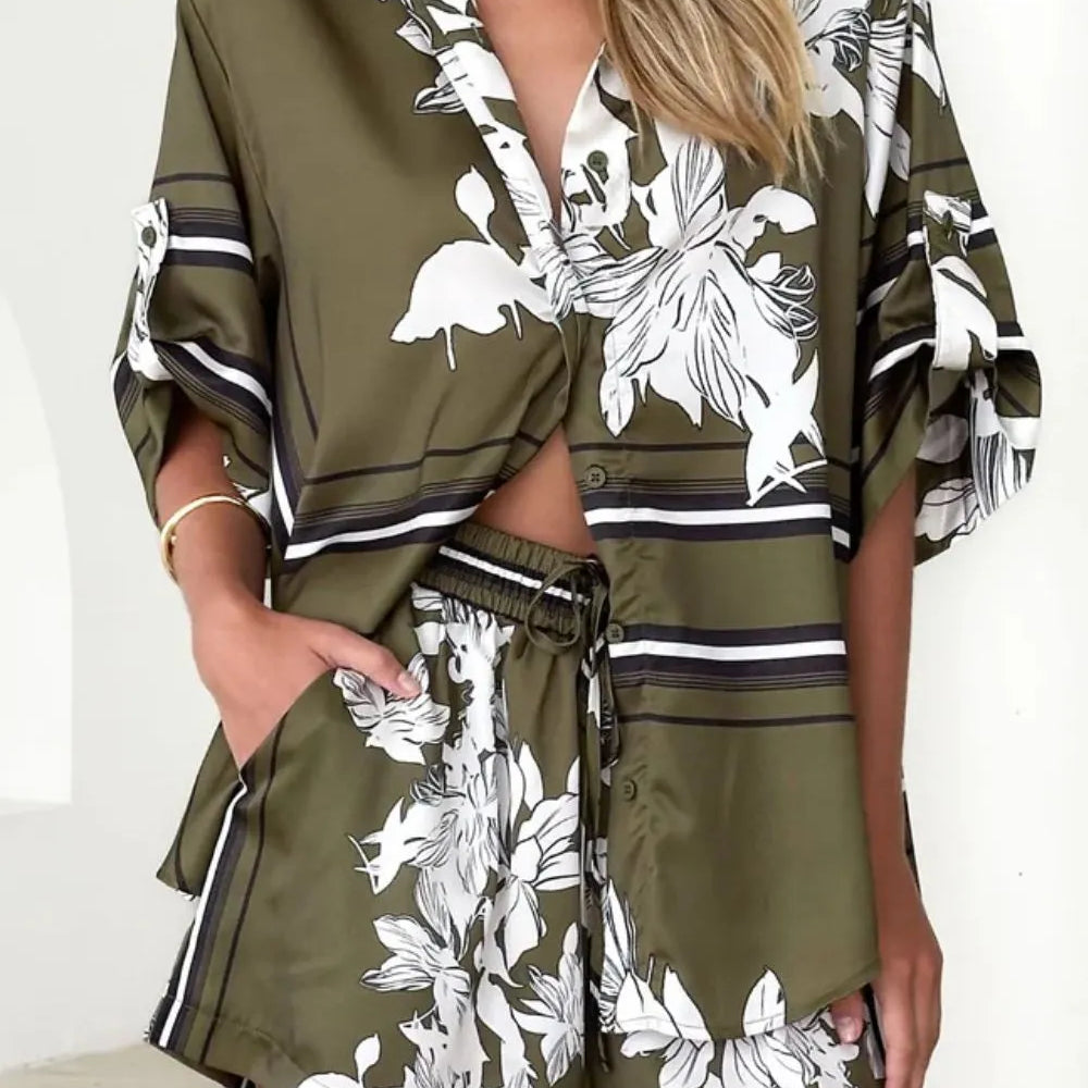 Women's olive green tropical floral two-piece set with oversized button-down shirt and drawstring shorts – lightweight vacation co-ord.