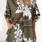Women's olive green tropical floral two-piece set with oversized button-down shirt and drawstring shorts – lightweight vacation co-ord.