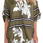 Women's olive green tropical floral two-piece set with oversized button-down shirt and drawstring shorts – lightweight vacation co-ord.
