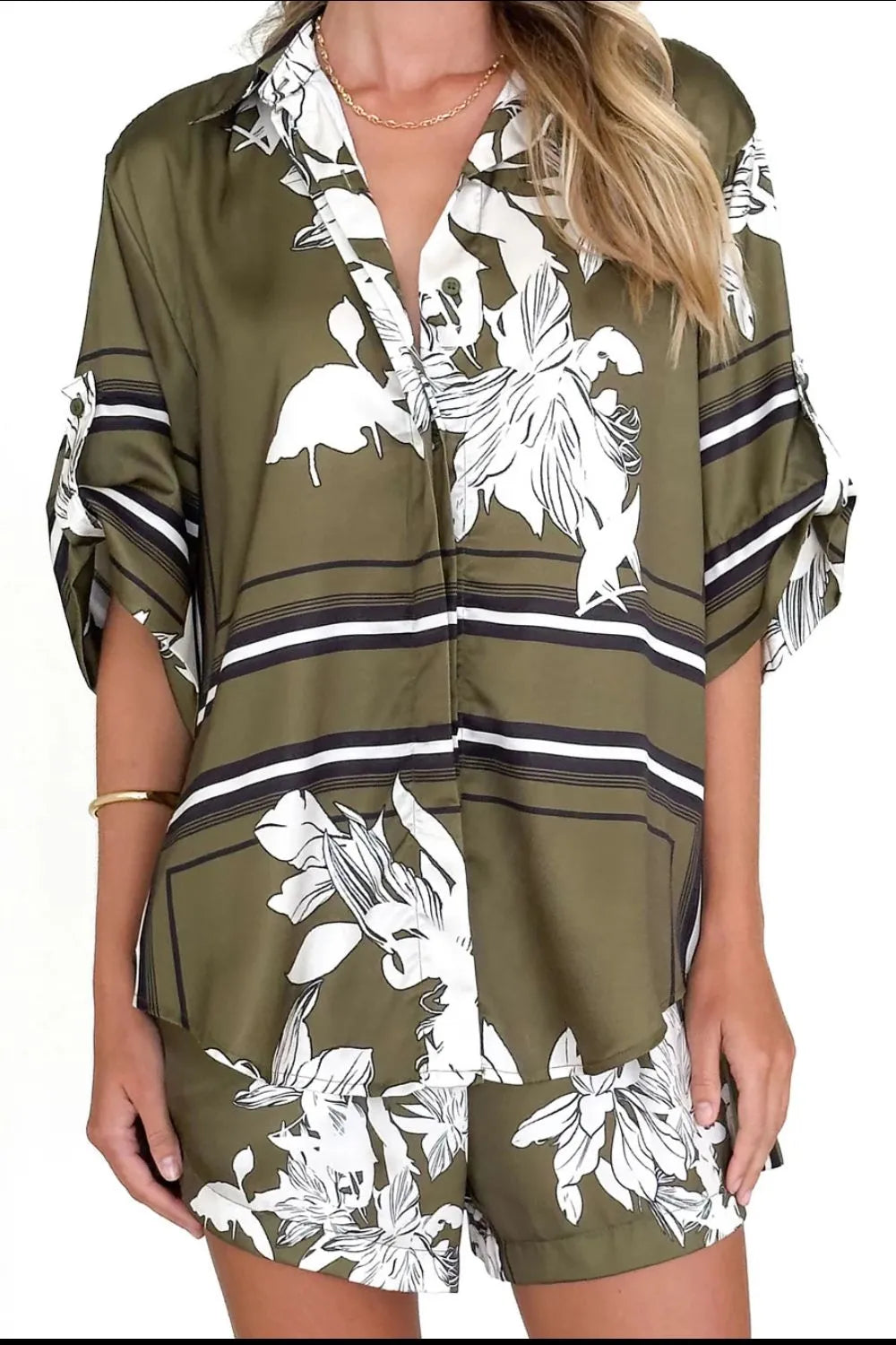 Women's olive green tropical floral two-piece set with oversized button-down shirt and drawstring shorts – lightweight vacation co-ord.