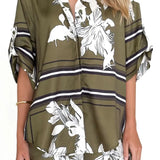 Women's olive green tropical floral two-piece set with oversized button-down shirt and drawstring shorts – lightweight vacation co-ord.