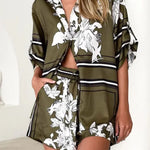 Women's olive green tropical floral two-piece set with oversized button-down shirt and drawstring shorts – lightweight vacation co-ord.