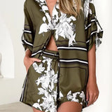 Women's olive green tropical floral two-piece set with oversized button-down shirt and drawstring shorts – lightweight vacation co-ord.