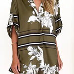 Women's olive green tropical floral two-piece set with oversized button-down shirt and drawstring shorts – lightweight vacation co-ord.