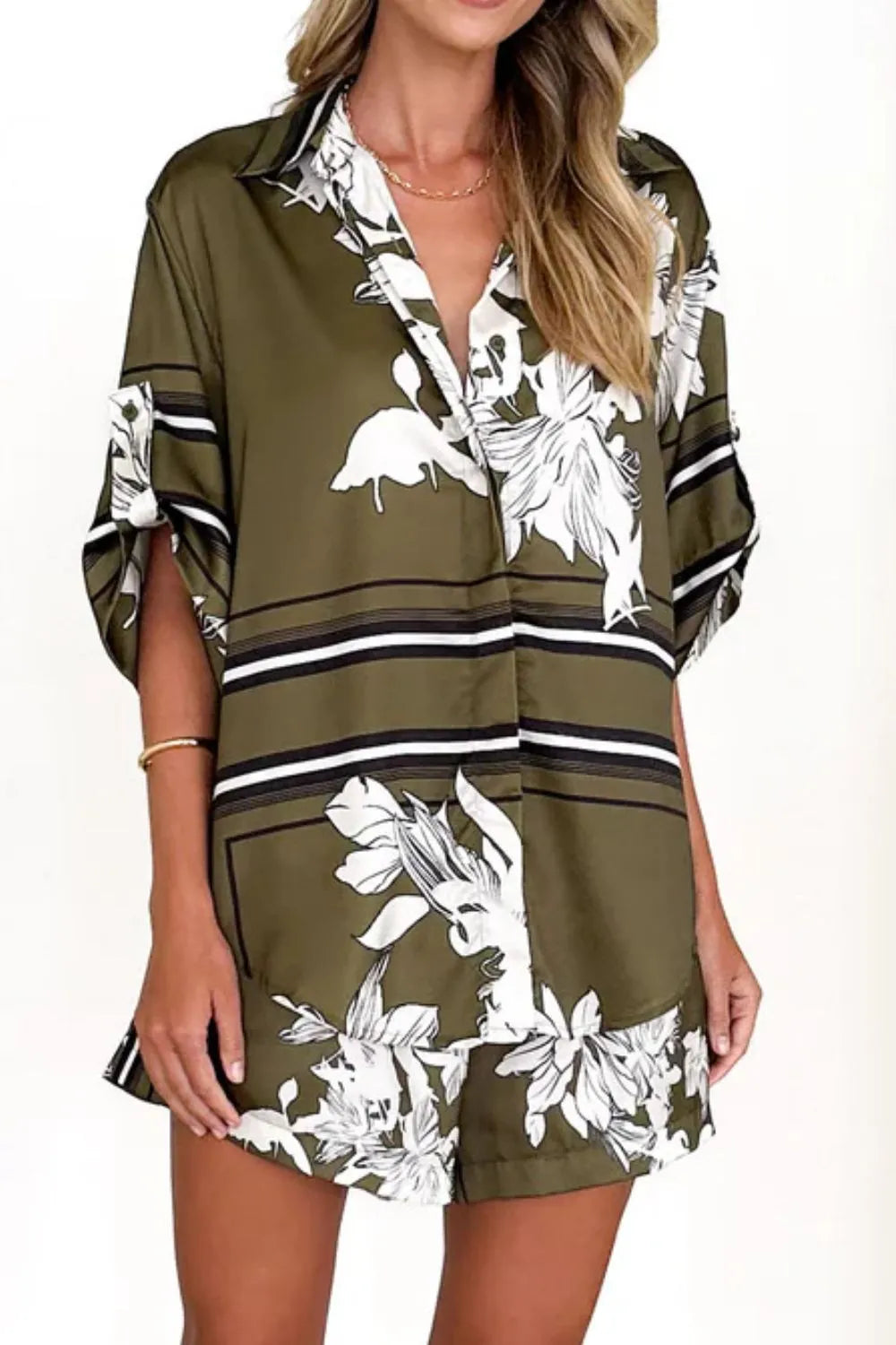 Women's olive green tropical floral two-piece set with oversized button-down shirt and drawstring shorts – lightweight vacation co-ord.