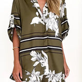 Women's olive green tropical floral two-piece set with oversized button-down shirt and drawstring shorts – lightweight vacation co-ord.