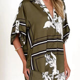Women's olive green tropical floral two-piece set with oversized button-down shirt and drawstring shorts – lightweight vacation co-ord.