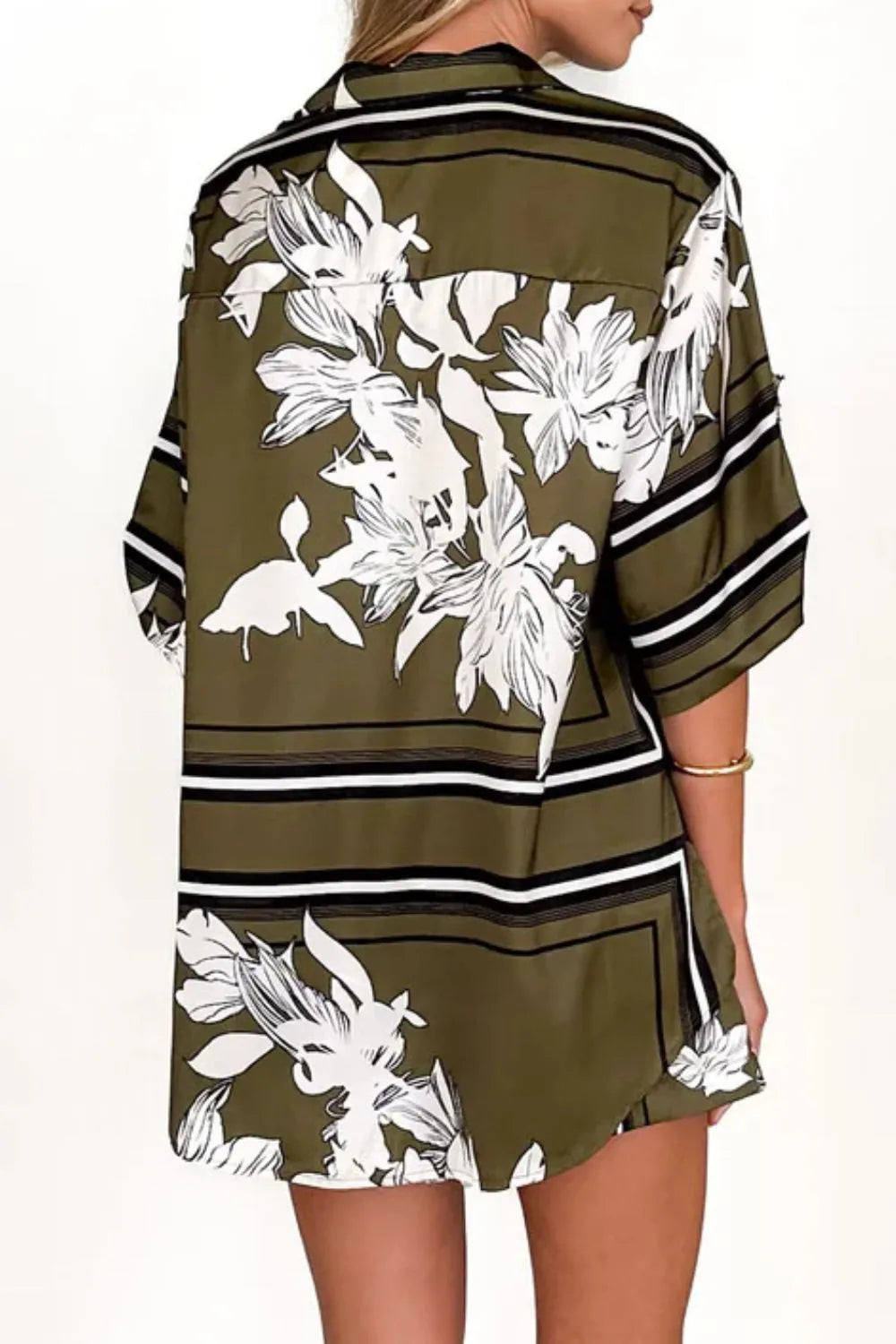 Women's olive green tropical floral two-piece set with oversized button-down shirt and drawstring shorts – lightweight vacation co-ord.