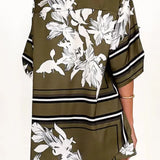 Women's olive green tropical floral two-piece set with oversized button-down shirt and drawstring shorts – lightweight vacation co-ord.