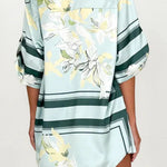 Women's seafoam green tropical floral shirt and shorts set featuring relaxed short-sleeve button shirt and elastic waist shorts.
