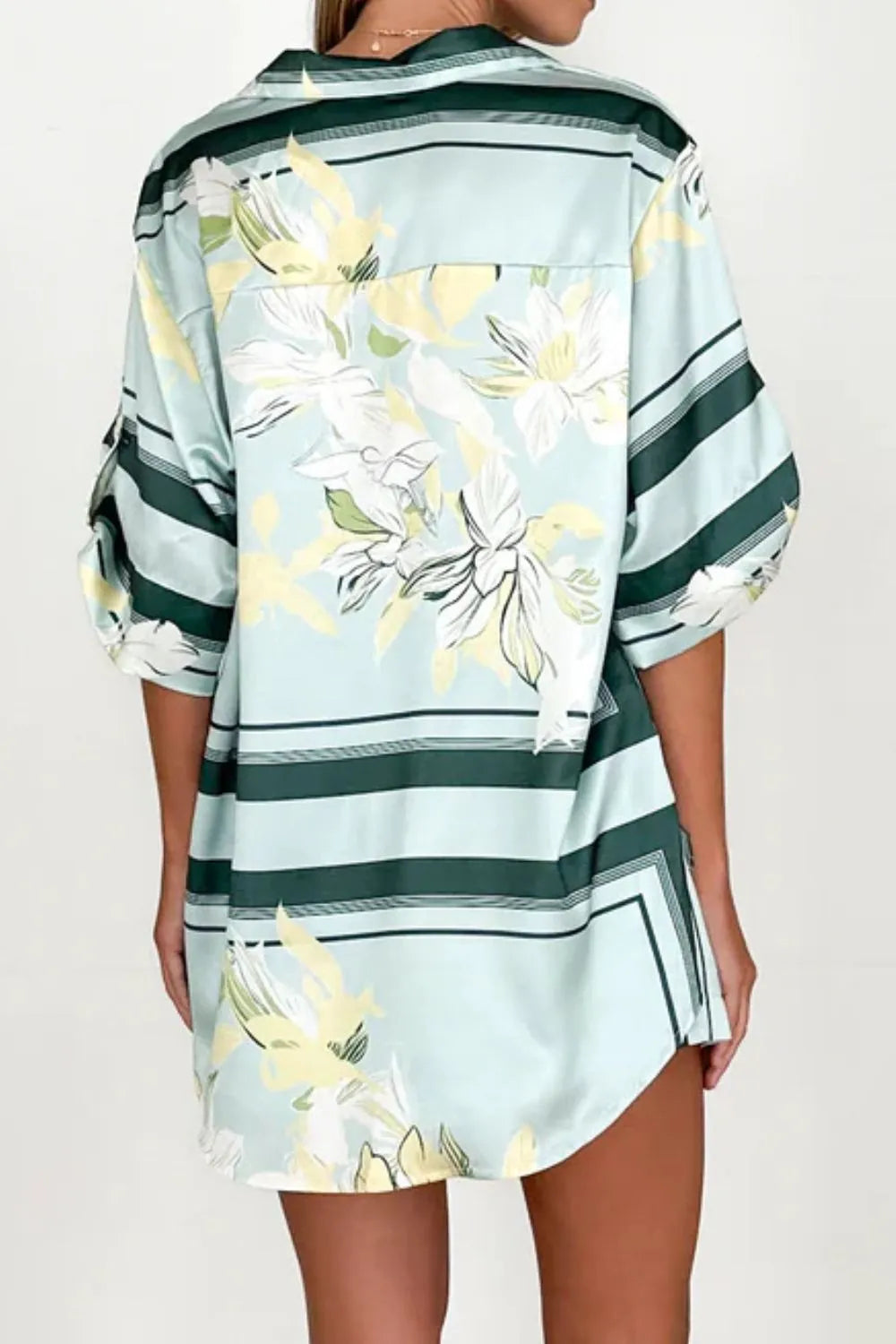 Women's seafoam green tropical floral shirt and shorts set featuring relaxed short-sleeve button shirt and elastic waist shorts.