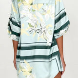 Women's seafoam green tropical floral shirt and shorts set featuring relaxed short-sleeve button shirt and elastic waist shorts.
