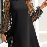 Women's black mini dress with sheer mesh long sleeves and 3D floral appliqués – elegant A-line cocktail dress for parties and special occasions