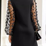 Women's black mini dress with sheer mesh long sleeves and 3D floral appliqués – elegant A-line cocktail dress for parties and special occasions