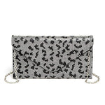 Front view of rhinestone envelope clutch with leopard print design and silver chain strap.