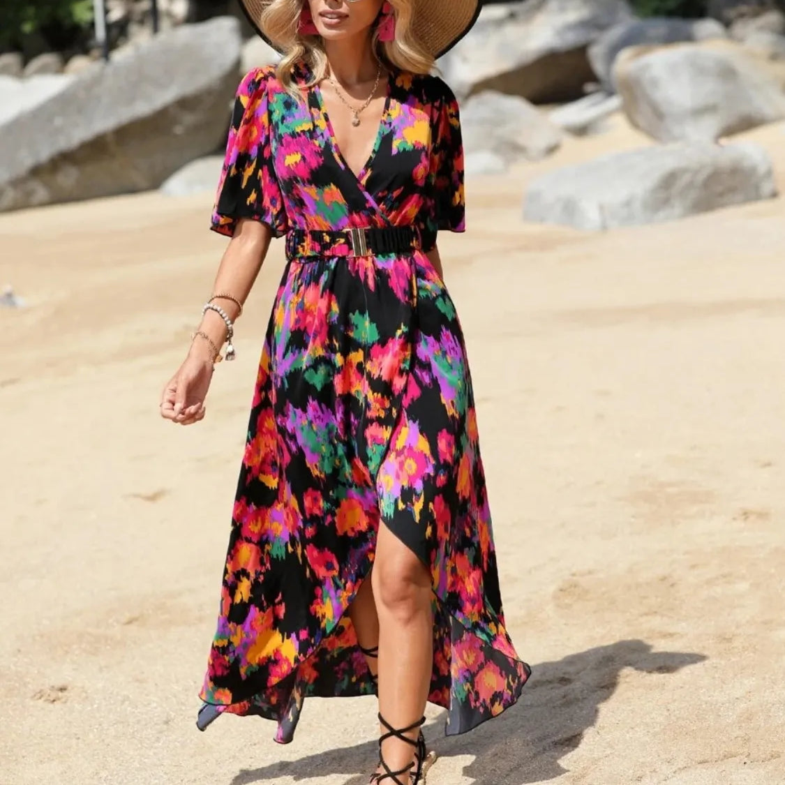 Women's tropical neon floral high-low wrap dress with flutter sleeves, V-neckline, and belted waist – lightweight chiffon vacation maxi.