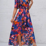 Women's tropical neon floral high-low wrap dress with flutter sleeves, V-neckline, and belted waist – lightweight chiffon vacation maxi.
