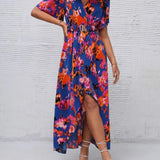 Women's tropical neon floral high-low wrap dress with flutter sleeves, V-neckline, and belted waist – lightweight chiffon vacation maxi.