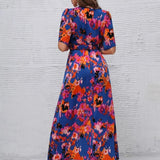 Women's tropical neon floral high-low wrap dress with flutter sleeves, V-neckline, and belted waist – lightweight chiffon vacation maxi.
