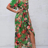 Women's tropical neon floral high-low wrap dress with flutter sleeves, V-neckline, and belted waist – lightweight chiffon vacation maxi.