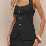 Women's sleeveless blazer mini dress with square neckline, vintage gold buttons, and front pockets – tailored vest-style dress available in multiple colors.