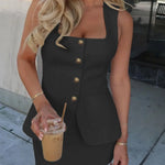 Women's sleeveless blazer mini dress with square neckline, vintage gold buttons, and front pockets – tailored vest-style dress available in multiple colors.