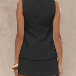 Women's sleeveless blazer mini dress with square neckline, vintage gold buttons, and front pockets – tailored vest-style dress available in multiple colors.