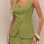 Women's sleeveless blazer mini dress with square neckline, vintage gold buttons, and front pockets – tailored vest-style dress available in multiple colors.