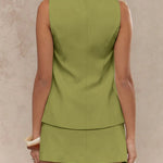 Women's sleeveless blazer mini dress with square neckline, vintage gold buttons, and front pockets – tailored vest-style dress available in multiple colors.