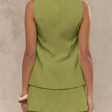 Women's sleeveless blazer mini dress with square neckline, vintage gold buttons, and front pockets – tailored vest-style dress available in multiple colors.