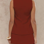 Women's sleeveless blazer mini dress with square neckline, vintage gold buttons, and front pockets – tailored vest-style dress available in multiple colors.