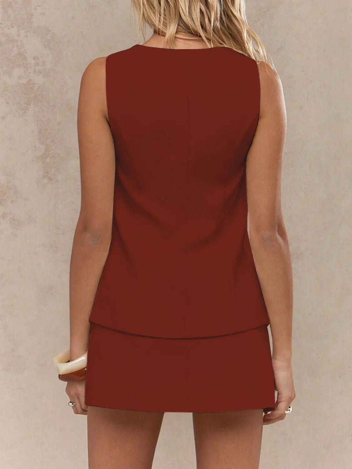 Women's sleeveless blazer mini dress with square neckline, vintage gold buttons, and front pockets – tailored vest-style dress available in multiple colors.