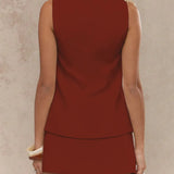 Women's sleeveless blazer mini dress with square neckline, vintage gold buttons, and front pockets – tailored vest-style dress available in multiple colors.