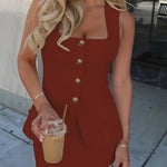 Women's sleeveless blazer mini dress with square neckline, vintage gold buttons, and front pockets – tailored vest-style dress available in multiple colors.
