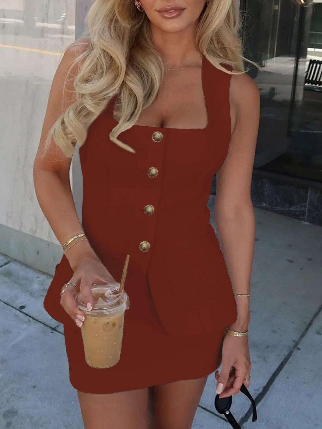 Women's sleeveless blazer mini dress with square neckline, vintage gold buttons, and front pockets – tailored vest-style dress available in multiple colors.