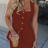 Women's sleeveless blazer mini dress with square neckline, vintage gold buttons, and front pockets – tailored vest-style dress available in multiple colors.