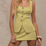 Women's sleeveless blazer mini dress with square neckline, vintage gold buttons, and front pockets – tailored vest-style dress available in multiple colors.