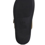 Women’s nubuck faux leather slide sandals with silver buckle straps, metal eyelet embellishments, and flat black soles in olive green and black color options.