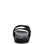 Women’s nubuck faux leather slide sandals with silver buckle straps, metal eyelet embellishments, and flat black soles in olive green and black color options.