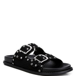 Women’s nubuck faux leather slide sandals with silver buckle straps, metal eyelet embellishments, and flat black soles in olive green and black color options.