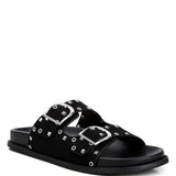 Women’s nubuck faux leather slide sandals with silver buckle straps, metal eyelet embellishments, and flat black soles in olive green and black color options.