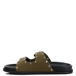 Women’s nubuck faux leather slide sandals with silver buckle straps, metal eyelet embellishments, and flat black soles in olive green and black color options.