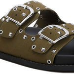 Women’s nubuck faux leather slide sandals with silver buckle straps, metal eyelet embellishments, and flat black soles in olive green and black color options.