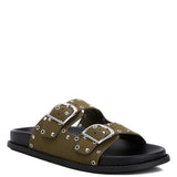 Women’s nubuck faux leather slide sandals with silver buckle straps, metal eyelet embellishments, and flat black soles in olive green and black color options.