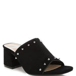 Black microsuede open-toe mule with silver cone studs and mid block heel, shown from multiple angles against white background.